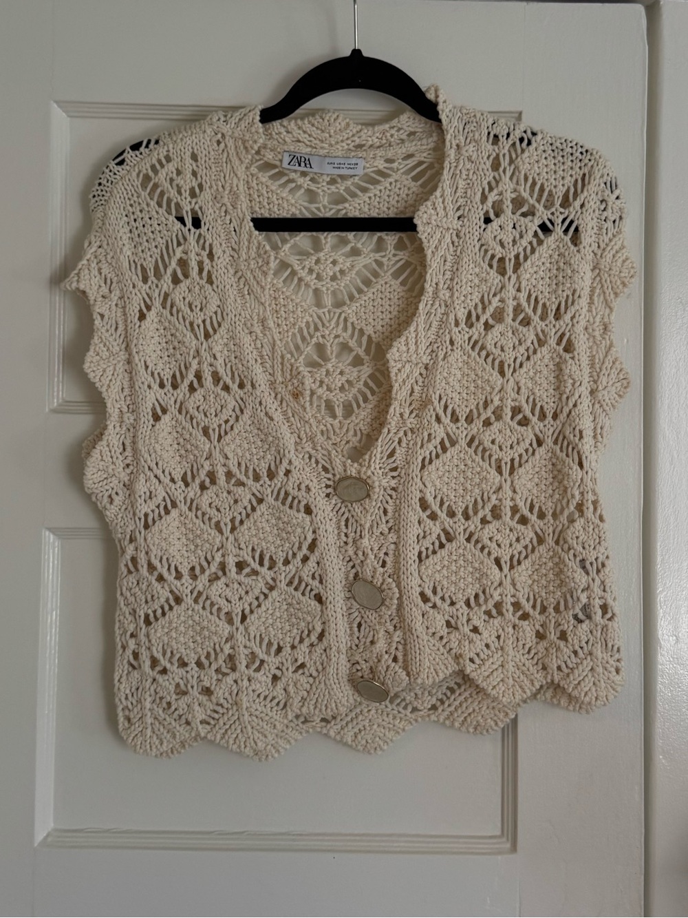 Zara Cream Crochet Button-Front Sweater Vest